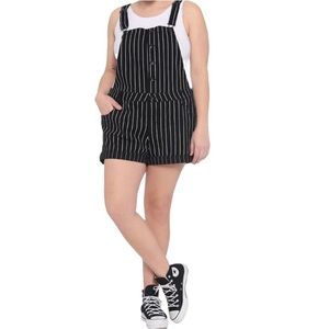 Black & white pinstripe denim overalls